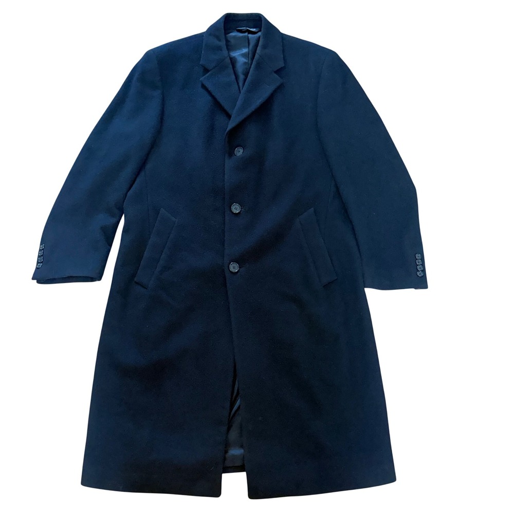 Jos A Bank Black 100% Wool Long Overcoat Topcoat 3 Button Mens 38R Jacket